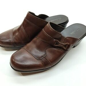 Clarks Shoes Women 6 M Brown Leather Mules Slip On Chunky Heel Everyday Comfort